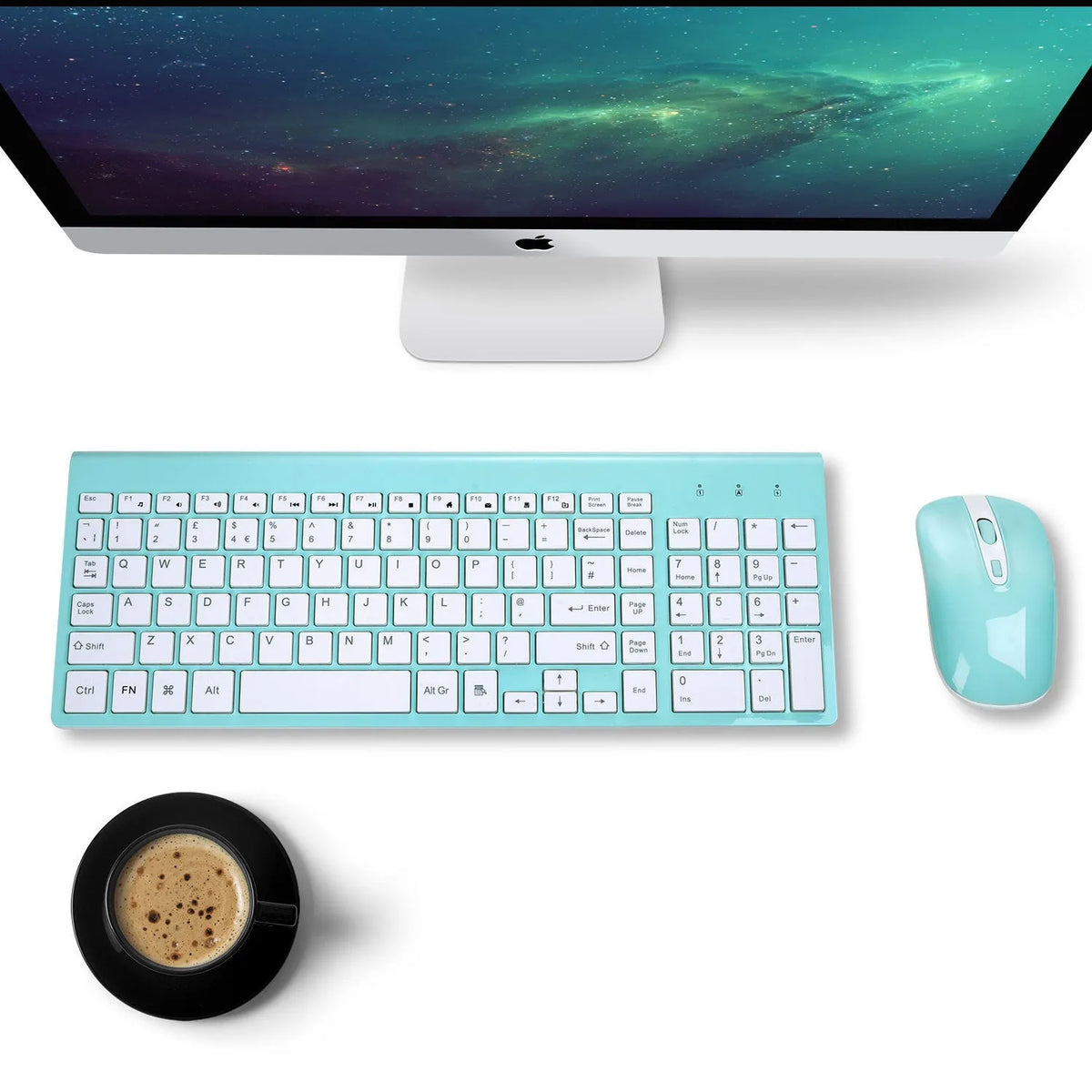 Fashion wireless keyboard and mouse set in blue, full-size layout with numeric keypad and 2.4G nano receiver