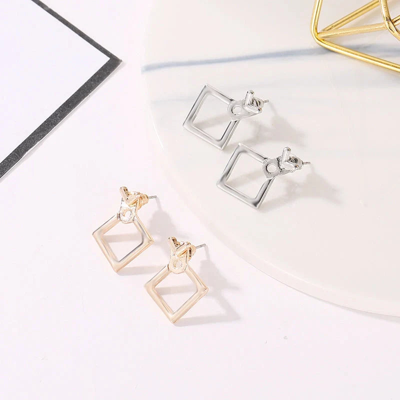 Hollow diamond square stud earrings in alloy with geometric design options