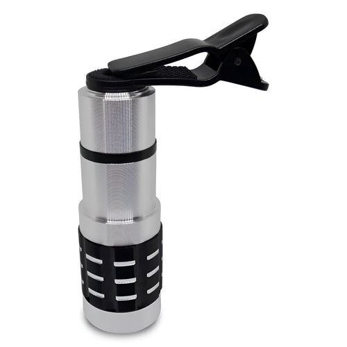 12x telescopic zoom lens with universal clip attached to a mobile phone for outdoor filming.