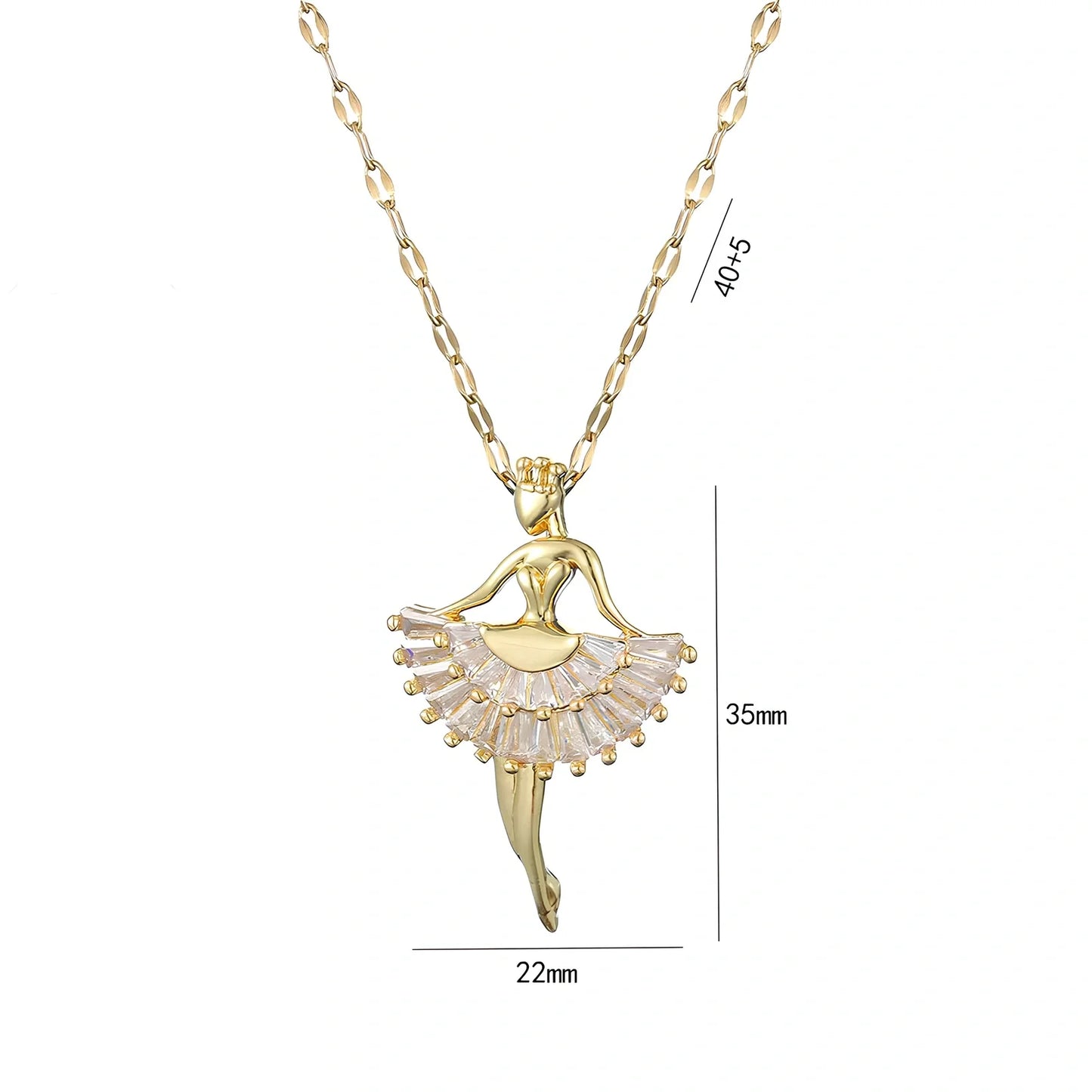 Gold titanium steel ballet girl necklace with rhinestone inlays on 40cm chain, adjustable to 45cm for women