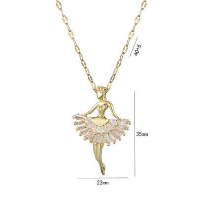 Gold titanium steel ballet girl necklace with rhinestone inlays on 40cm chain, adjustable to 45cm for women