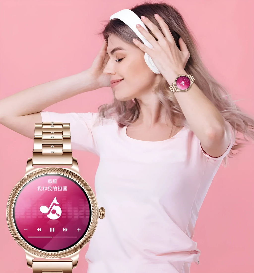 AK38 ladies smart watch with stainless steel band on wrist, showing colour screen.