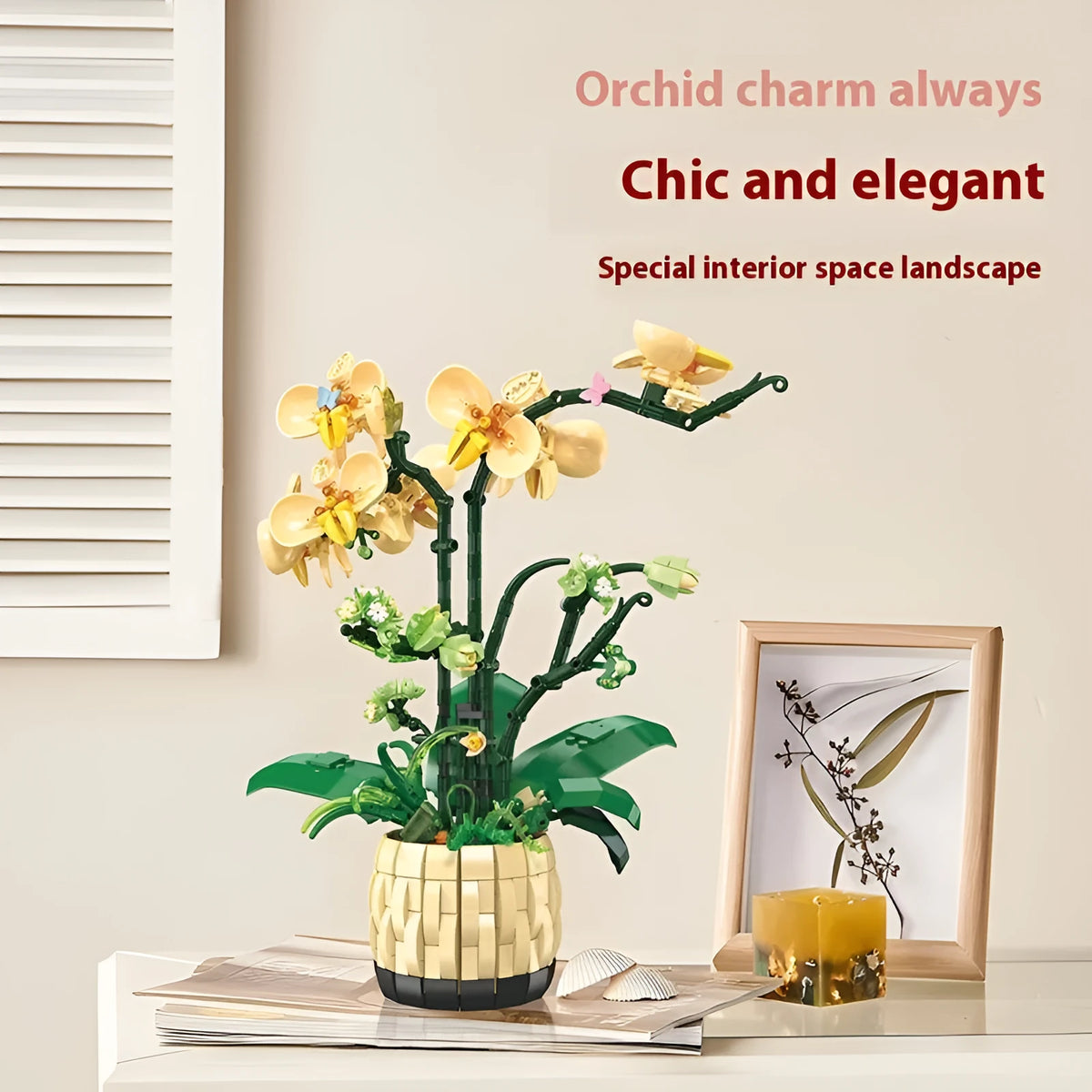 Orchid potted desktop decoration assembling building blocks toy in Jetstar 9067 colour with small plastic particles