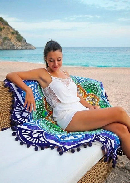 Retro ethnic tassel round bath towel yoga mat with sunshade function