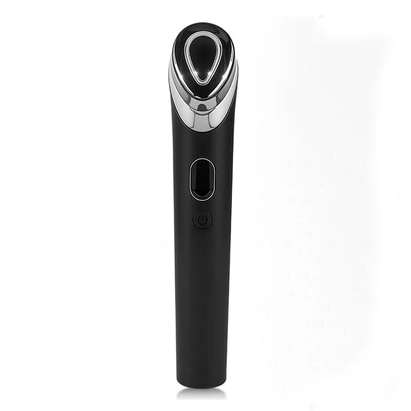 Black rechargeable eye massager with red and blue light therapy on a face
