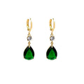 Green geometric teardrop clip-on earrings with gold plating.