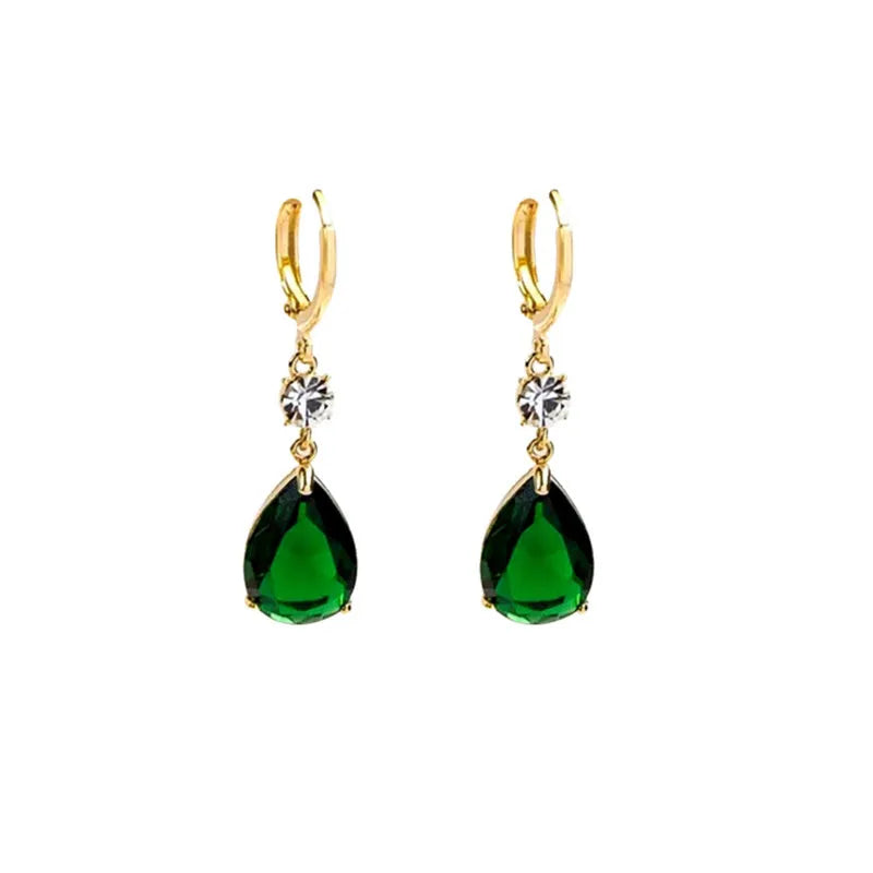 Green geometric teardrop clip-on earrings with gold plating.