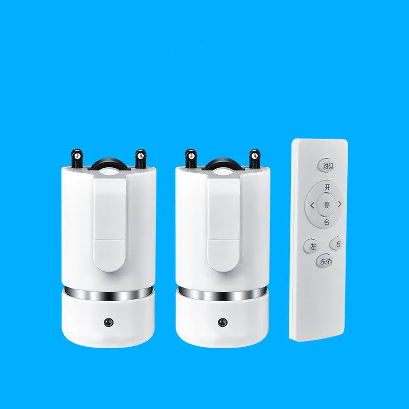 Motorised curtain track kit with aluminium rail, electric motor, remote control, and silent pulleys for straight or corner installation.