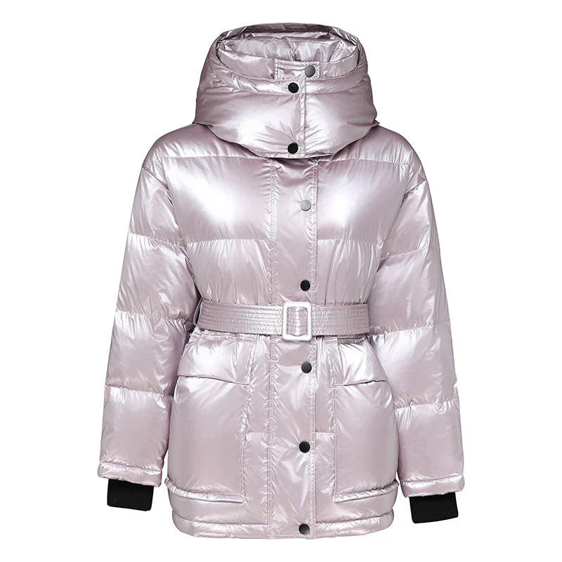 Women's mid-length white duck down jacket with silver shiny finish, hooded design for winter warmth