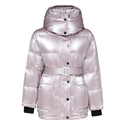 Women's mid-length white duck down jacket with silver shiny finish, hooded design for winter warmth