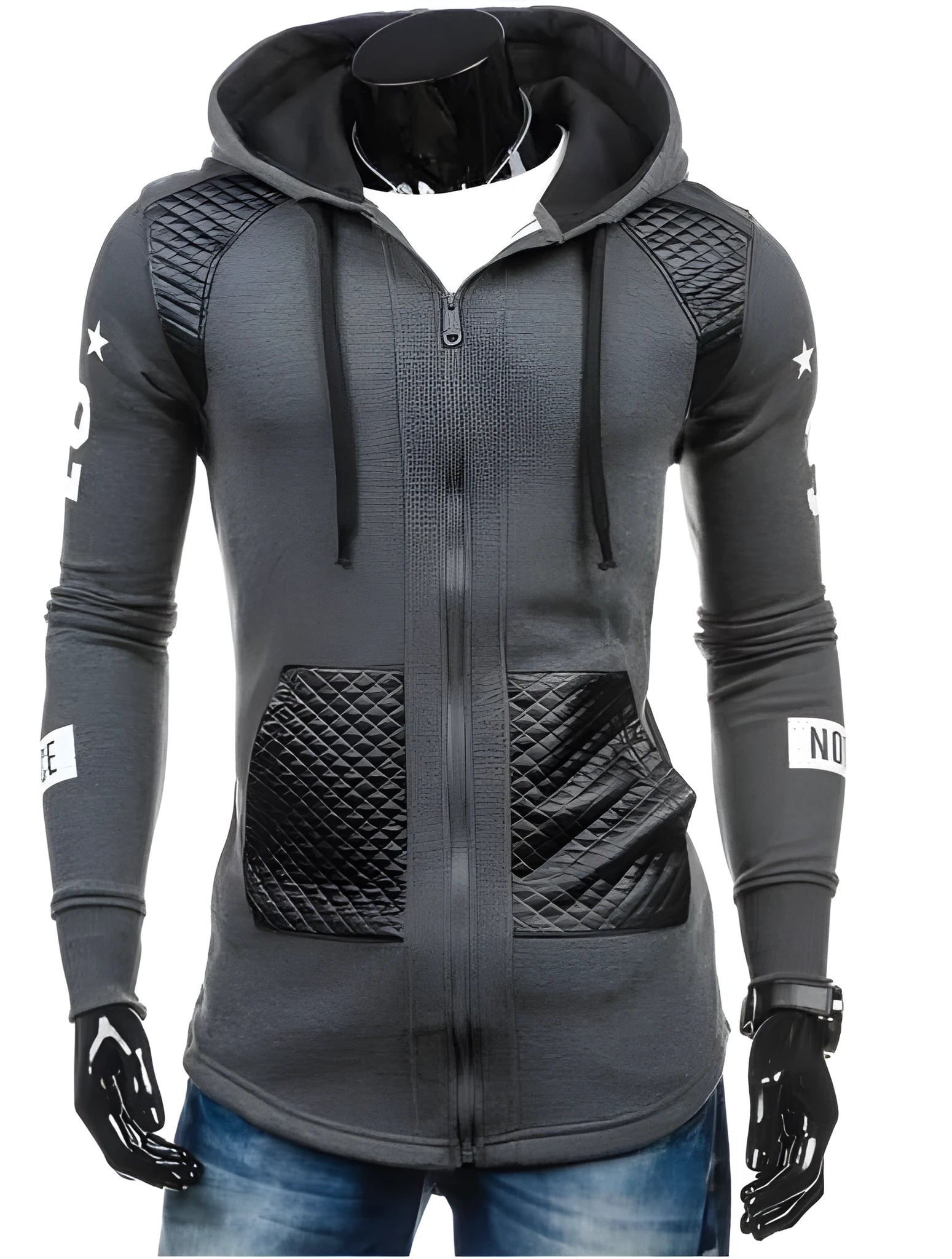 Slim stitching patchwork men's hoodie in black front view