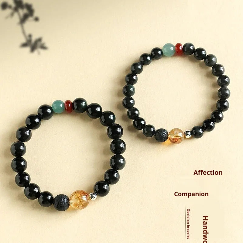 Chinese style obsidian and agate jade couple bracelet in 8mm and 10mm bead sizes