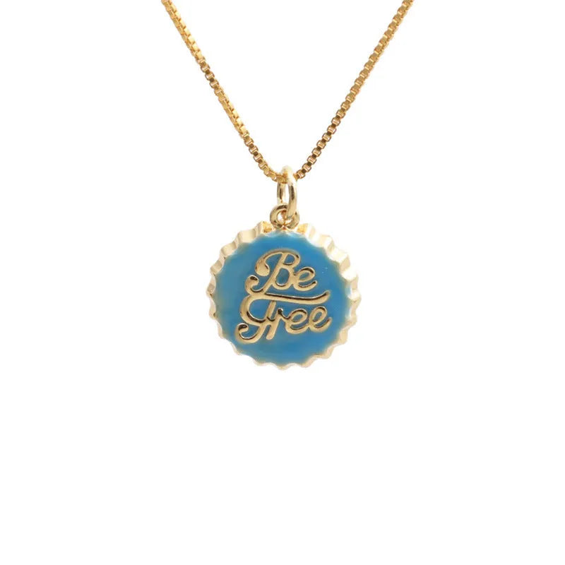 Copper Be Free bottle cap pendant necklace on a 40cm box chain with gold electroplating.