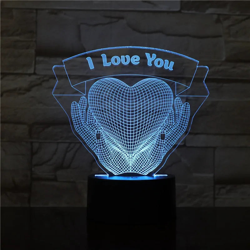 3D night light with hands holding love design, seven colour options, touch control and remote