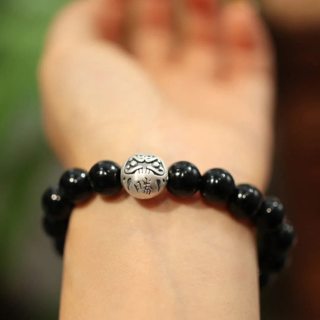 10mm black agate bracelet with sterling silver clasp in Chinese style