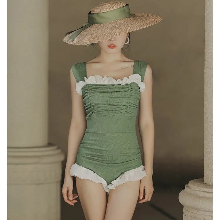 Korean style high waist one-piece swimsuit in quick-drying polyester fabric, available in black, green, or pink