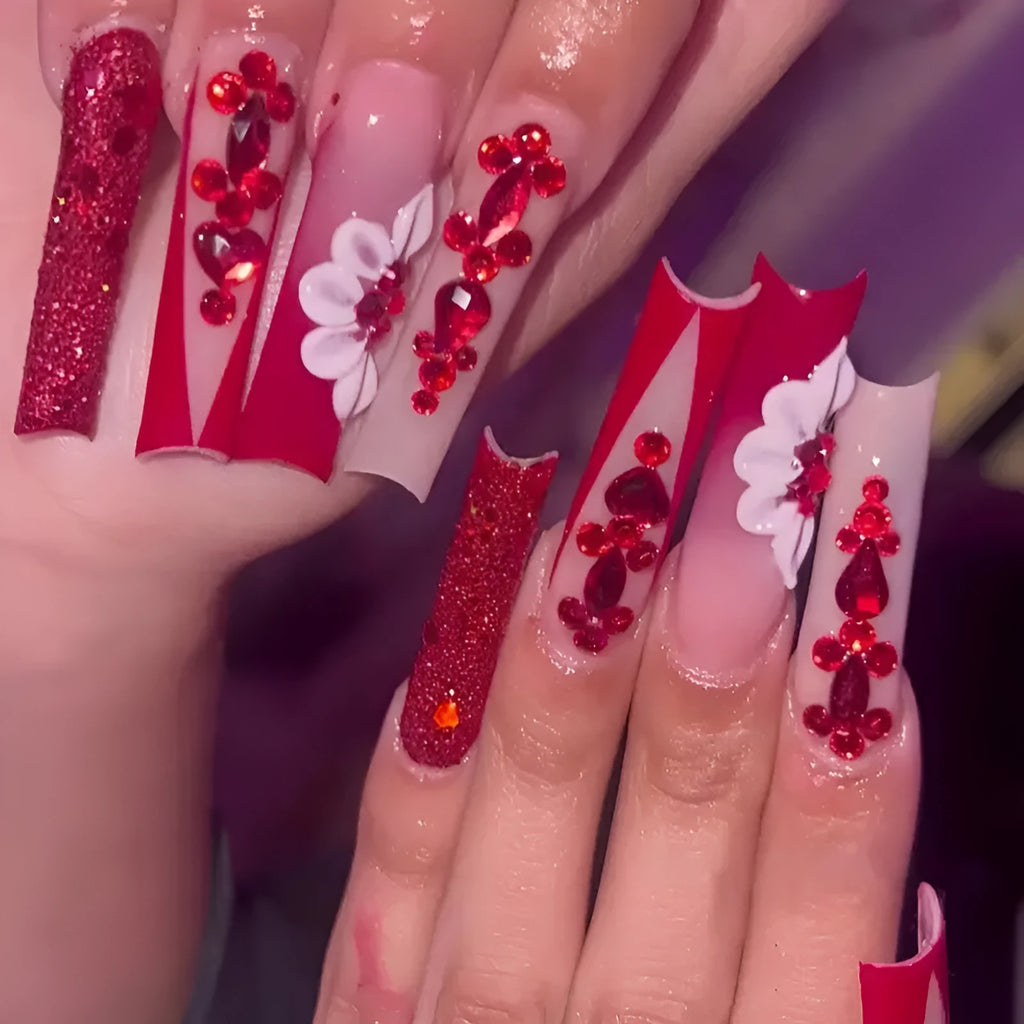Sweet Flowers pattern fake nails with red diamond accents, European square long shape