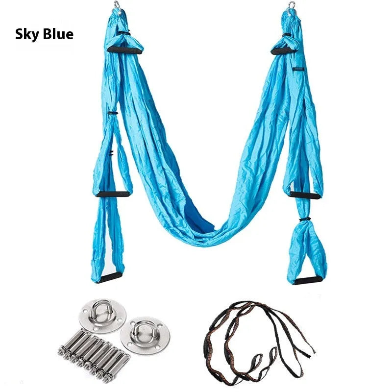 Full set aerial yoga hammock with 6 handles in non-elastic 210T nylon spinning, Royal Blue colour, for fitness and yoga practice
