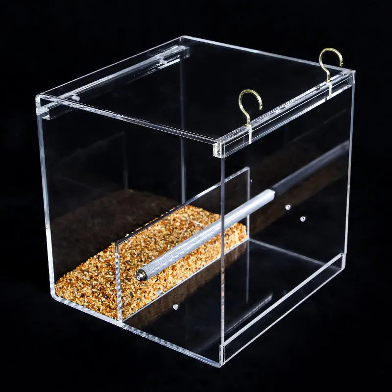 Clear acrylic bird feeder food box for parrots, non-toxic, small size 13x11x13cm