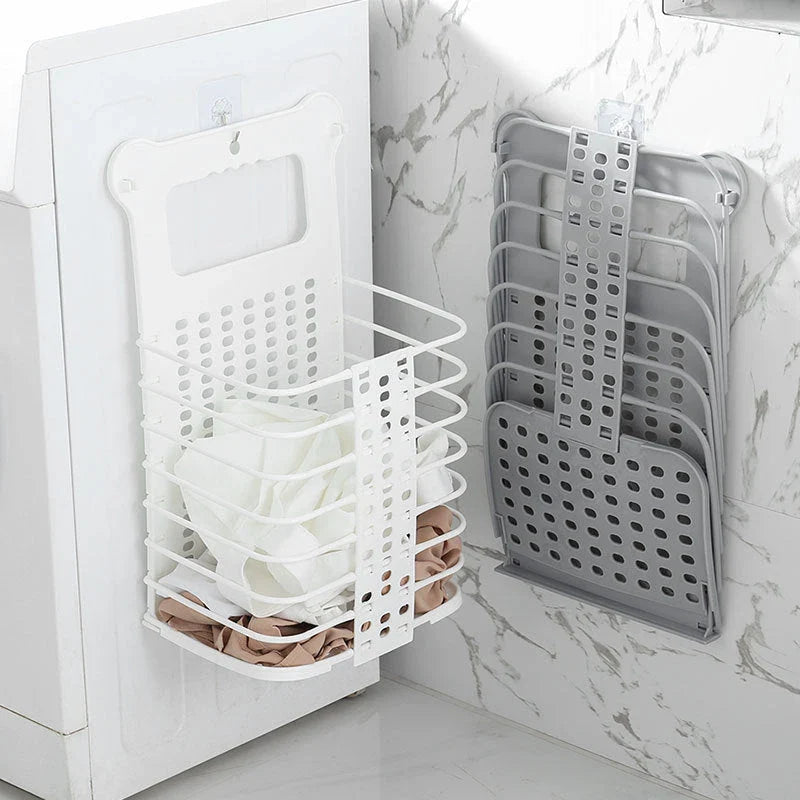 Foldable white laundry basket with handle for clothes and toys organisation