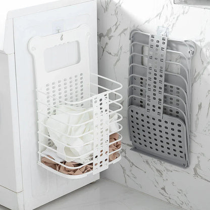 Foldable white laundry basket with handle for clothes and toys organisation