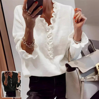 Winter V-neck Ruffled Knitted Sweater for Women in black, white, and pink