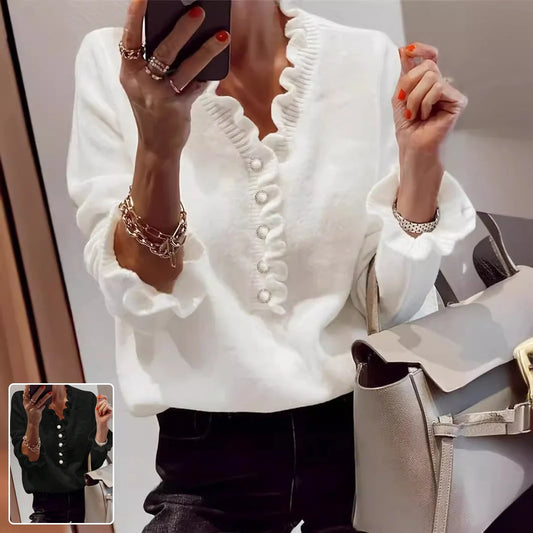 Winter V-neck Ruffled Knitted Sweater for Women in black, white, and pink