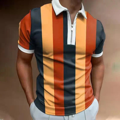 Men's striped polo shirt with lapel collar and short sleeves in various colors
