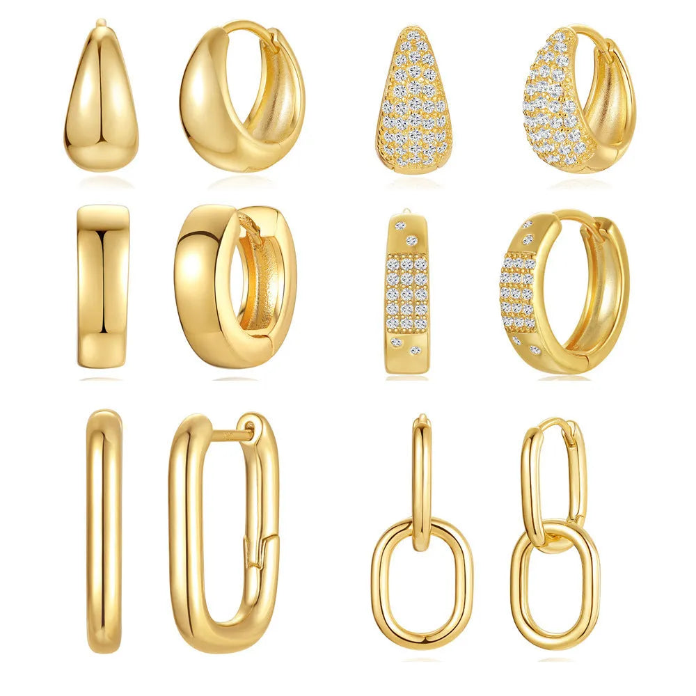 Geometric brass diamond earclip earrings with round elements in golden electroplated finish