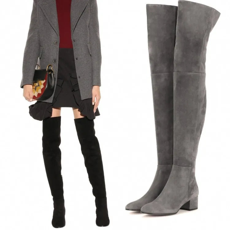 Women's grey over-the-knee flat boots with pointed toe and thick rubber sole