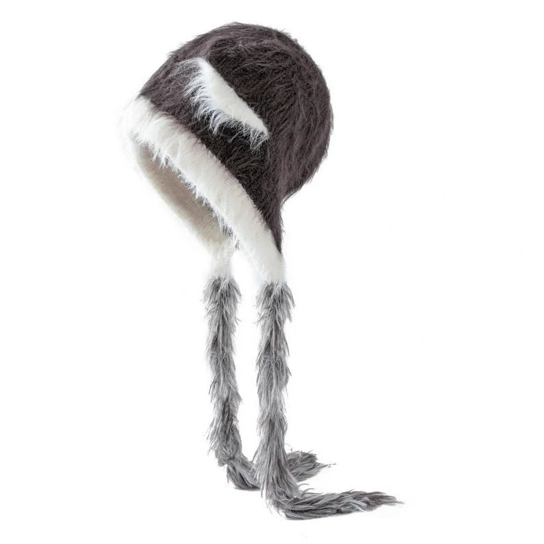 Cat ears mink wool knitted hat in white with tassel detail, 29x23cm dimensions