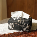 White embroidered Chinese brocade fabric tissue box with optional pearl buckle, shown on a table.