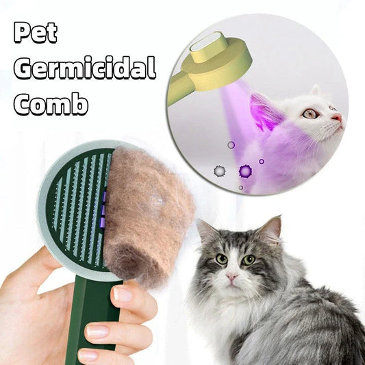 Rechargeable pet grooming brush with UV-C sterilization and automatic hair collection