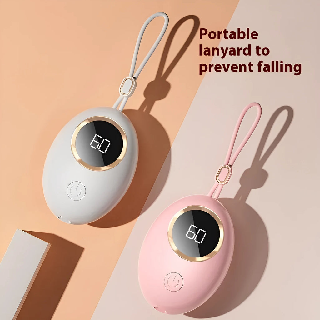 USB rechargeable hand warmer with digital display shown in pink, blue, green, and white colour options.