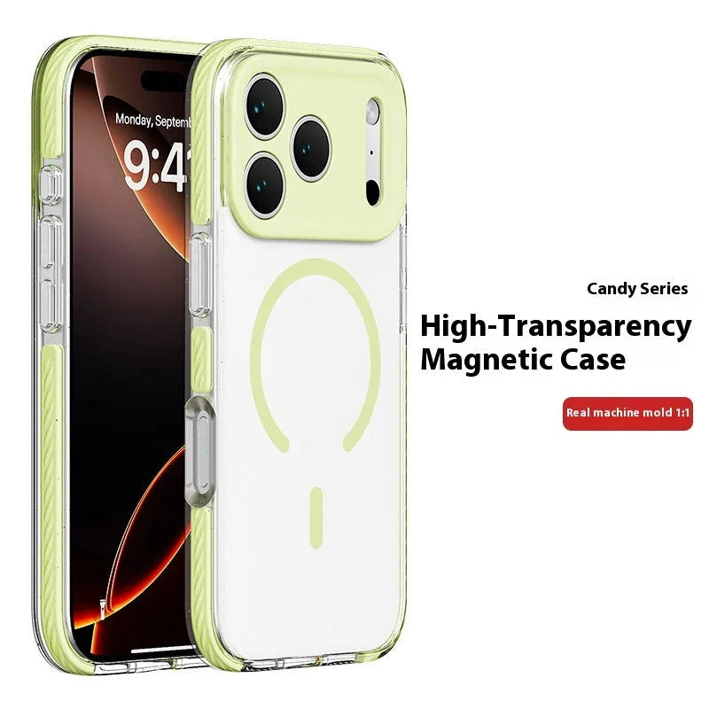 Transparent magnetic iPhone protective case showing sweet blue, candy green, and sweet orange colour options