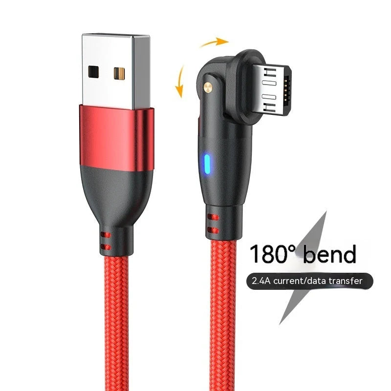 180-degree bendable fast charge data cable in black, red, and purple