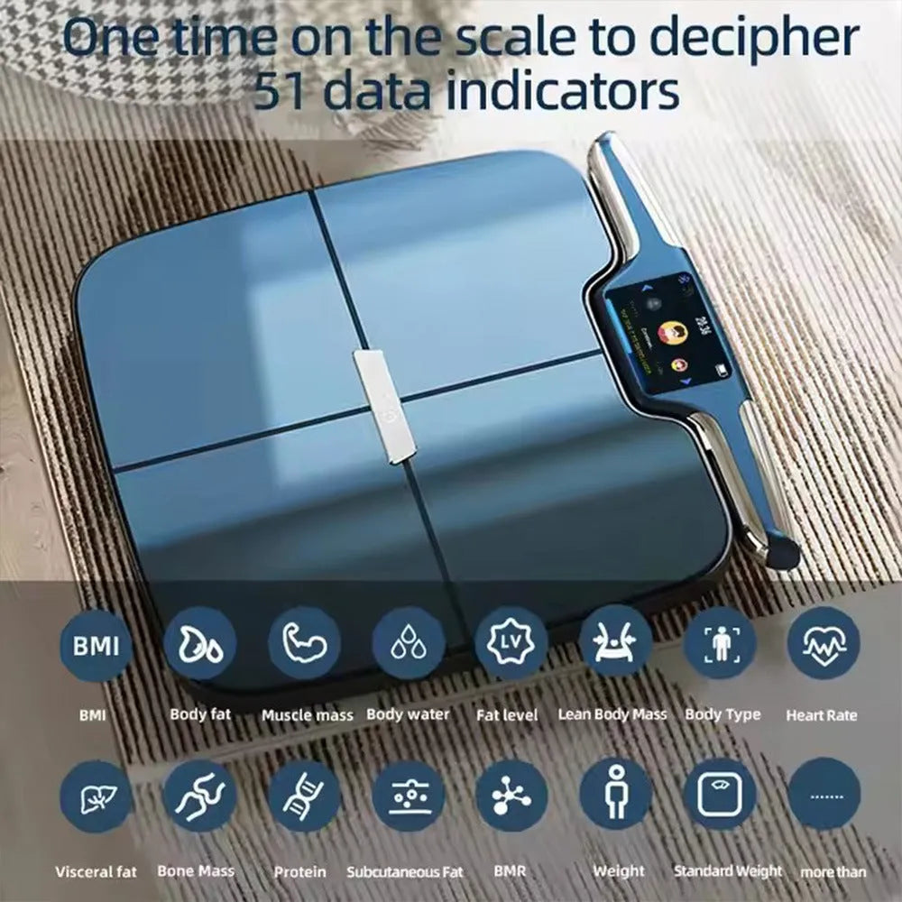 Black eight-electrode intelligent body fat scale on a hardwood floor.