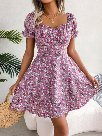 Stylish floral mini dress with ruffled hem, high waist, and short sleeves in various colors