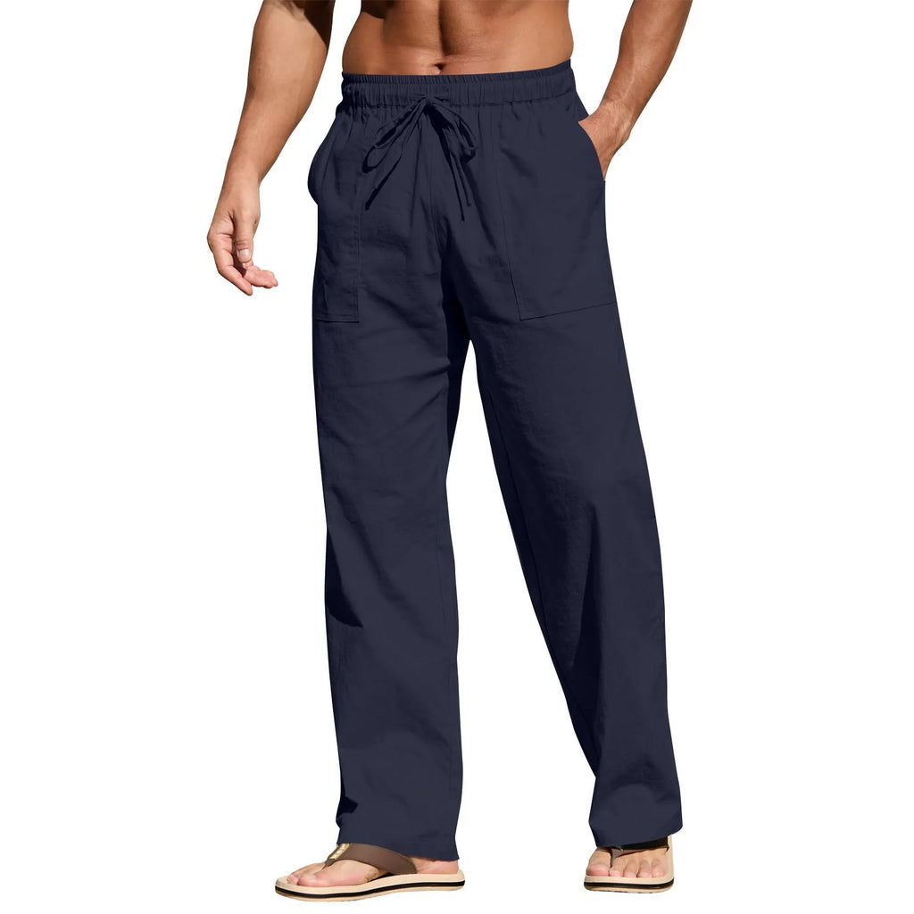 Men's straight leg cotton casual trousers with drawstring elastic waist in multiple colour options.