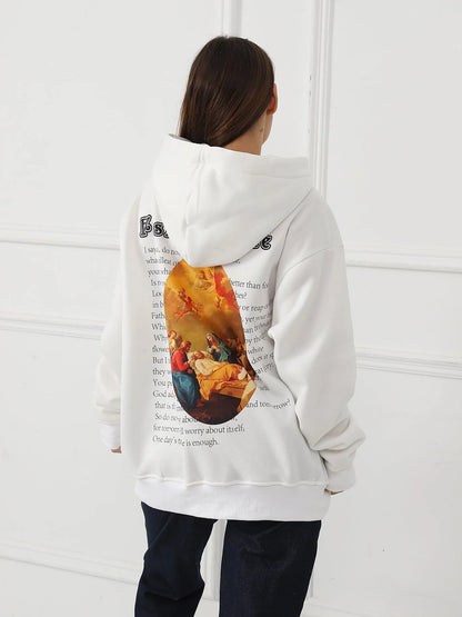 Women's casual printed long sleeved sweatshirt in polyester, available in white, khaki, and black.