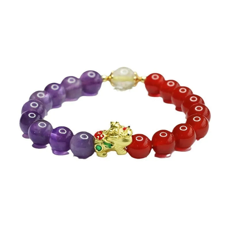Amethyst and red agate Chinese style bracelet with 8mm round beads on an elastic string.