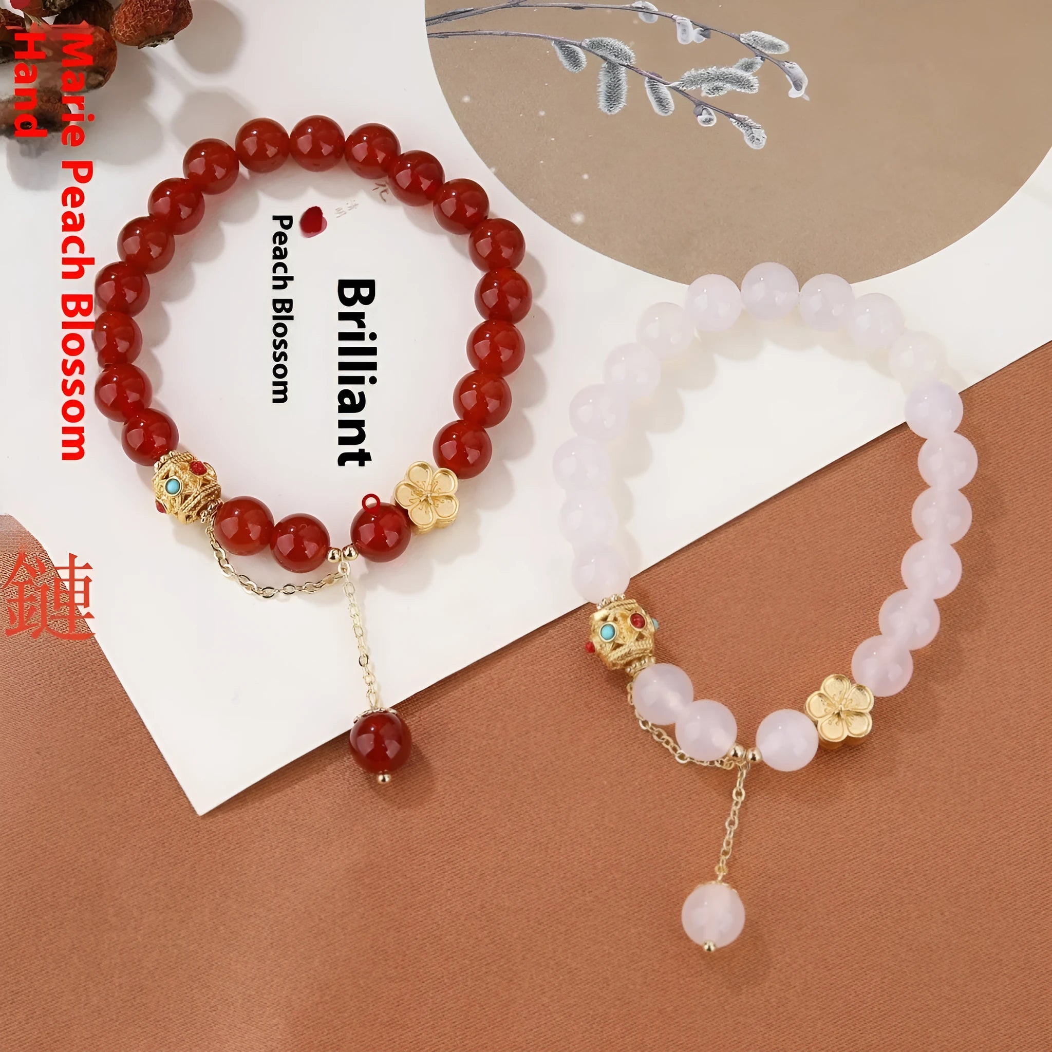 Women's natural agate bracelet with peach blossom copper components, handcrafted original design