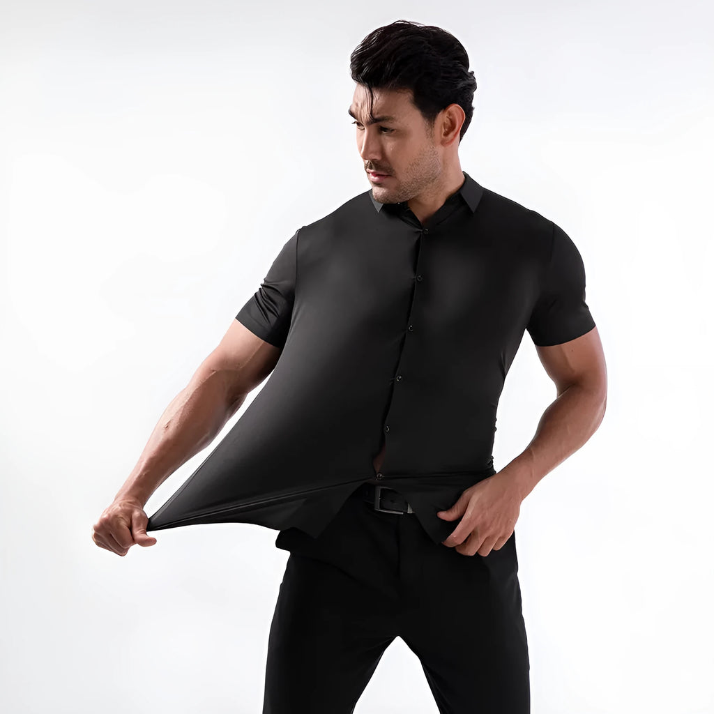 Men's short sleeve elastic spandex shirt in cardigan style, non-ironing, shown in multiple colours.