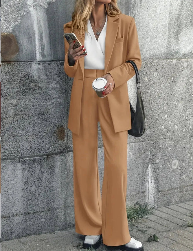 Women's casual solid colour coat trousers suit in polyester, available in multiple colours and sizes