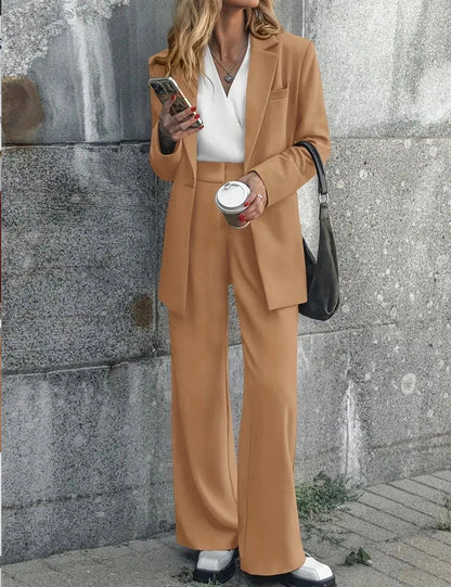 Women's casual solid colour coat trousers suit in polyester, available in multiple colours and sizes
