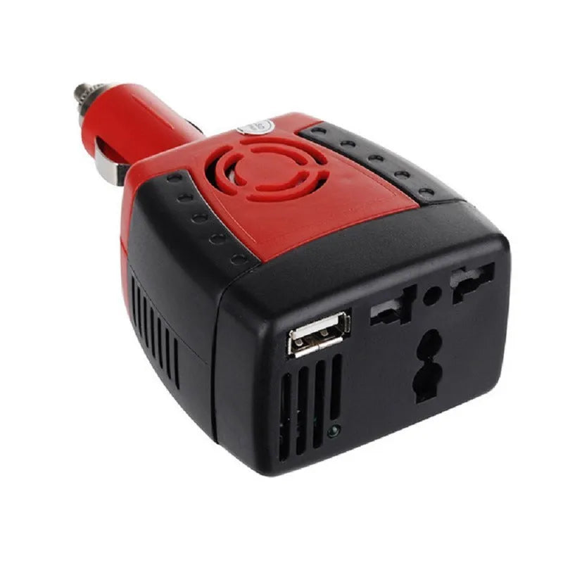 Red 150W car inverter with 12V to 220V/110V output and dual cigarette lighter sockets, 12 x 6.5cm
