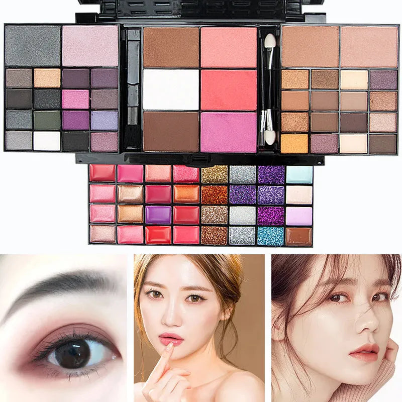74 colour makeup palette with four layers, a mirror, and included brushes for eyeshadow, lip, and contour.
