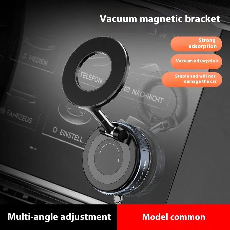 Vacuum rotary magnetic car phone holder with 360° rotation, zinc alloy and aluminium alloy build, in black showing suction and magnet