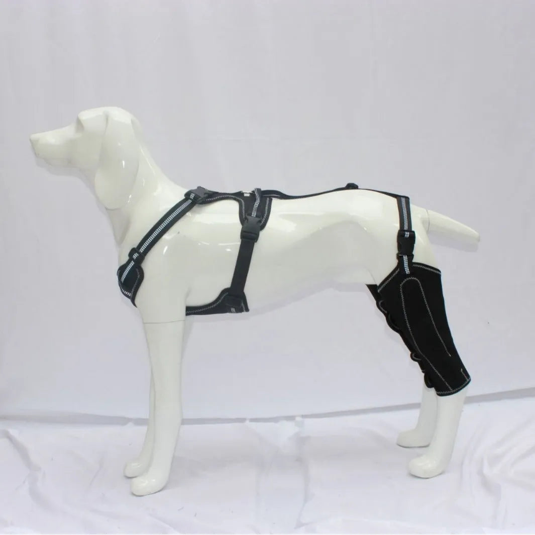 Black adjustable dog thigh protective sleeve with metal support for postoperative care.