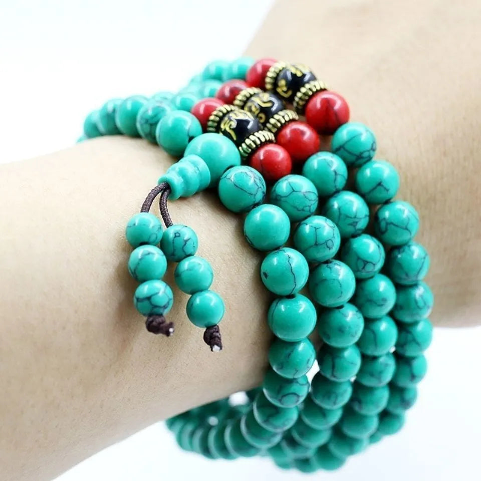 Tibetan turquoise bracelet with 108 polished synthetic stone powder beads in 6mm or 8mm sizes